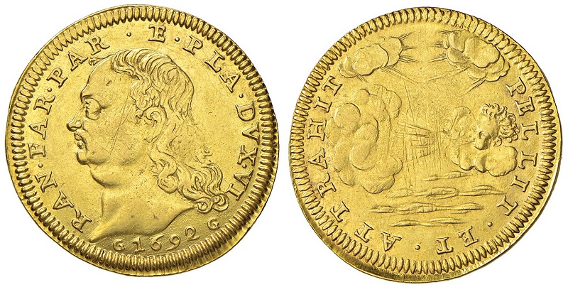 ranuccio i farnese moneta oro numismatica raraità scudo doppia quadrupla parma piacenza ducato castro guerra riscatto eolo mitologia