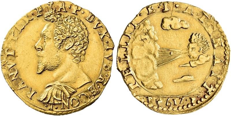 ranuccio i farnese moneta oro numismatica raraità scudo doppia quadrupla parma piacenza ducato castro guerra riscatto eolo mitologia