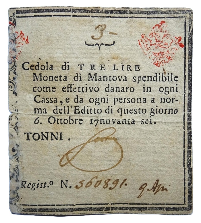 cedola del 1796 mantova assedio francesi napoleone bonaparte cartamoneta ossidionale monete gonzaga collezione mps