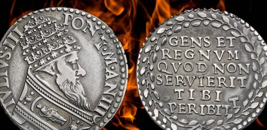 giulio iii chiocchi del monte testone piedfort moneta argento rarità numismatica bibbia scisma chiesa eresia