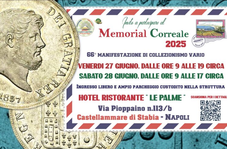 memorial correale di giugno 2025 castellammare di stabia fiera mostra mercato collezionismo numismatica filatelia modernariato monete francobolli cartoline medaglie banconote lire euro valore