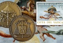 medaglia ufficiale della sede vacante 2025 cardinale camerlengo jopesh kevin farrell papa leone XIV padiglione chiavi san pietro vaticano amalia mistichelli oro argento bronzo monete euro collezione novità