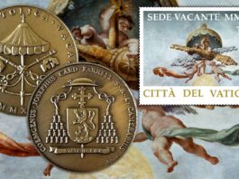 medaglia ufficiale della sede vacante 2025 cardinale camerlengo jopesh kevin farrell papa leone XIV padiglione chiavi san pietro vaticano amalia mistichelli oro argento bronzo monete euro collezione novità