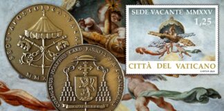 medaglia ufficiale della sede vacante 2025 cardinale camerlengo jopesh kevin farrell papa leone XIV padiglione chiavi san pietro vaticano amalia mistichelli oro argento bronzo monete euro collezione novità