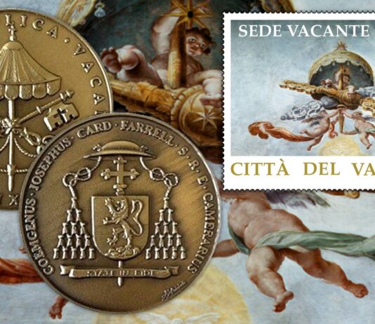 medaglia ufficiale della sede vacante 2025 cardinale camerlengo jopesh kevin farrell papa leone XIV padiglione chiavi san pietro vaticano amalia mistichelli oro argento bronzo monete euro collezione novità