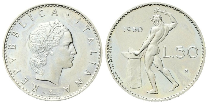 50 lire vulcano moneta monete lira repubblica italiana italia valore numismatica collezione quanto vale rarità mito storia costume