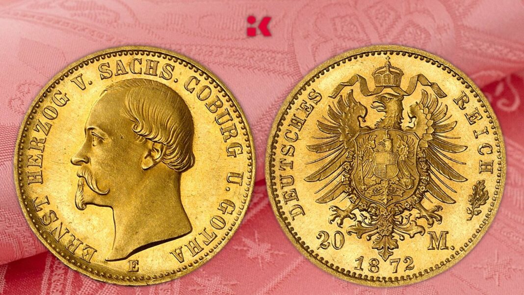 Marchi_oro (0) più rara moneta impero tedesco 20 marchi oro sassonia coburgo gotha 1872 asta numismatica kuenker collezione valore coinsweekly