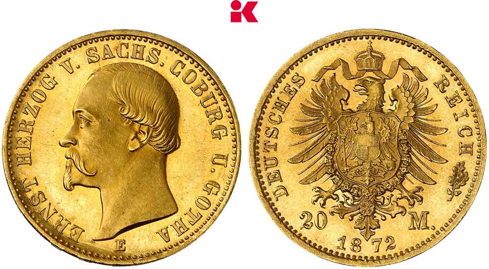 più rara moneta impero tedesco 20 marchi oro sassonia coburgo gotha 1872 asta numismatica kuenker collezione valore coinsweekly