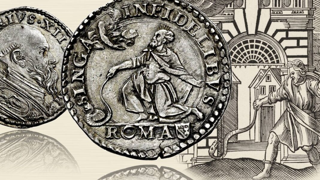 testoni di gregorio xiii moneta argento rarità numismatica stato pontificio bastone mosè esodo serpente drago miracolo dio faraone potere fede signa infidelibus