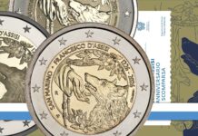 2 euro san francesco san marino fani ivanka taurino ipzs moneta bimetallica reverse proof lupo gubbio santo assisi poverello cantico delle creature ottavo centenario