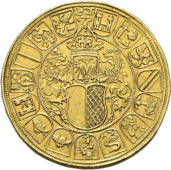 lucerna moneta oro 20 fiorini 1557 sincona asta numismatica record san leodegario patrono cattolicesimo protestantesimo coinsweekly