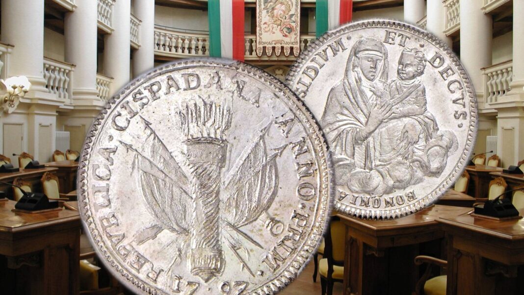 repubblica cispadana moneta monete prova 20 lire doppia oro argento rame rarità numismatica tricolore bandiera madonna di san luca bologna